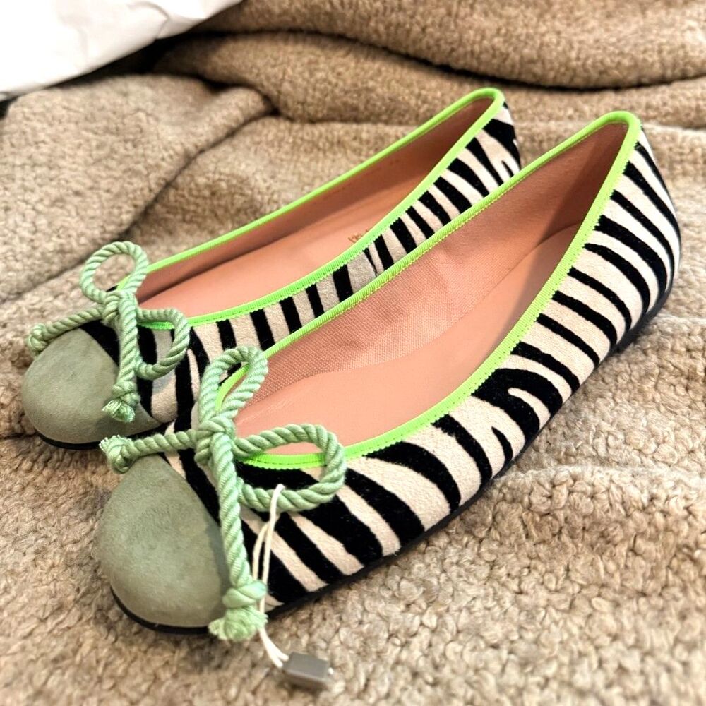 Pretty Ballerinas Zebra Stripe Flats with Lime Trim and Mint Bow